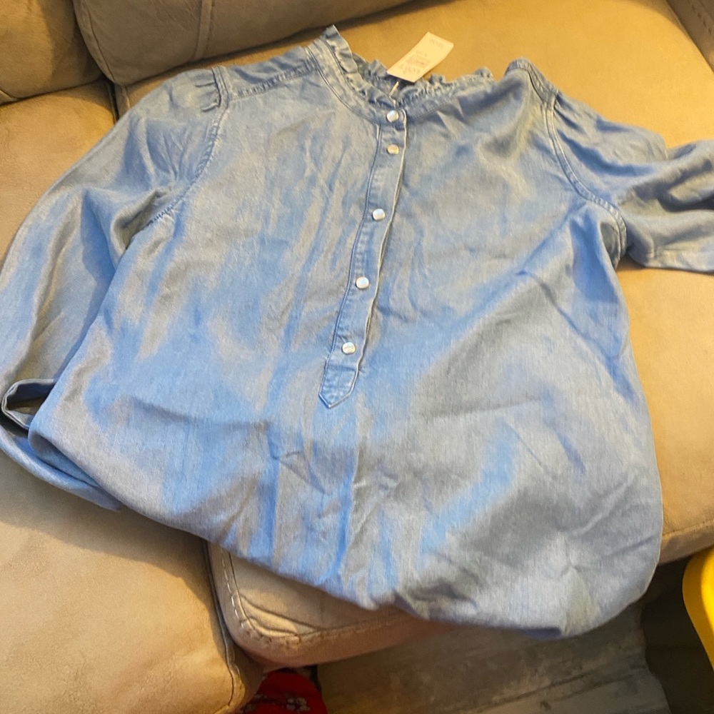LOFT Light Blue Ruffled Button-Down Top - Picture 8 of 8